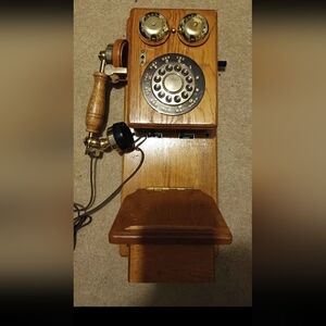 Vintage Wooden Wall Telephone with Brass Accents